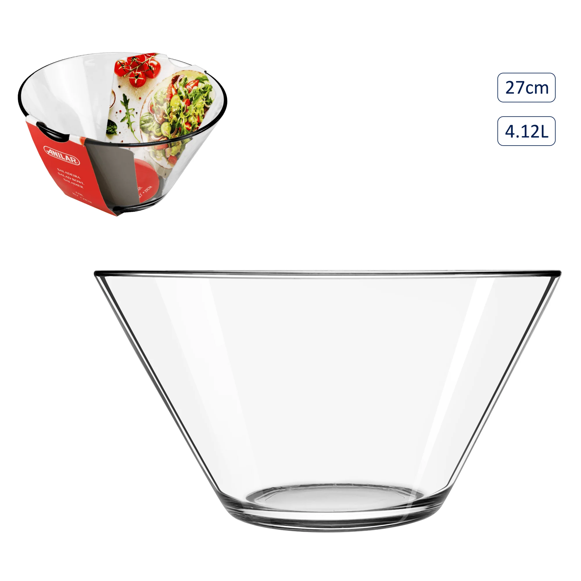 Anilar 27cm Glass Salad Bowl - 4.12L Capacity