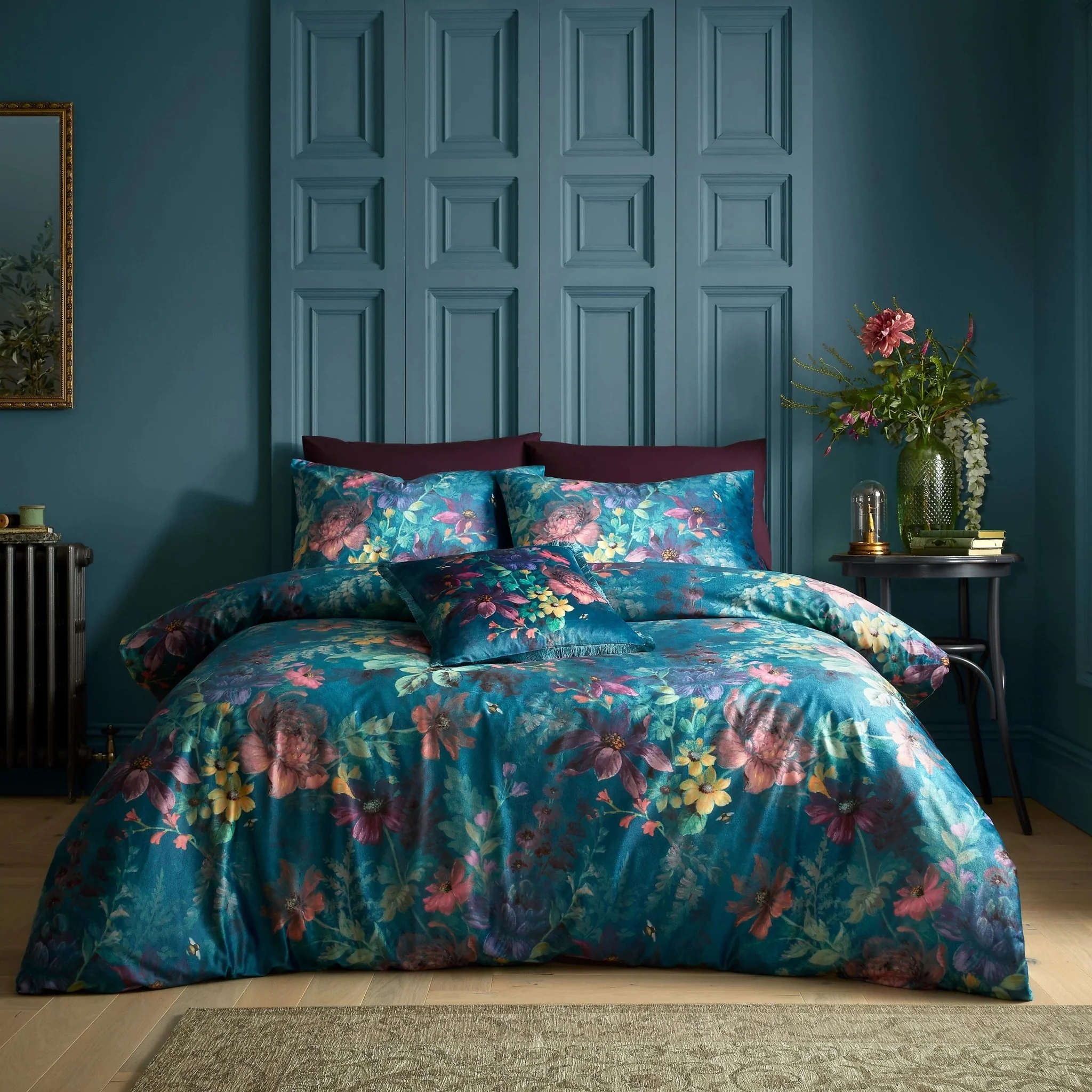 Bridgerton By Catherine Lansfield Romantic Floral Teal Duvet Cover Set - Super King