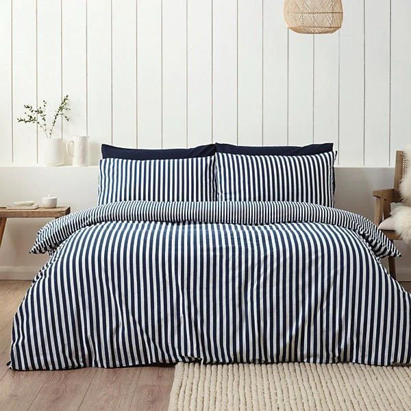 Catherine Lansfield Brushed Cotton Navy Blue Stripe Reversible Duvet Cover Set - King Size