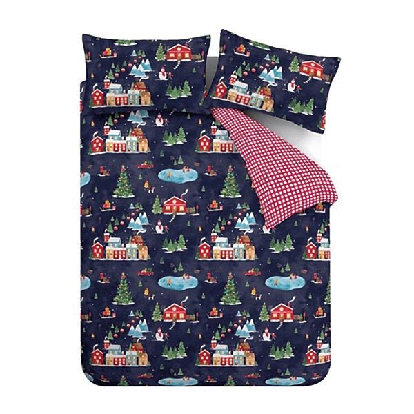 Catherine Lansfield Christmas Ski Village Reversible Duvet Cover Set – Navy Blue (King) - Image 5