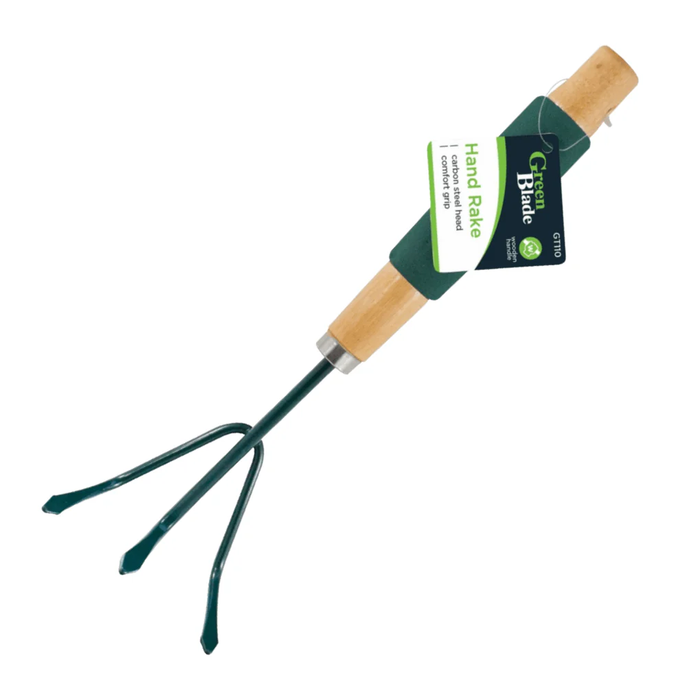 Green Blade Hand Rake With Cushion Grip Wooden Handle
