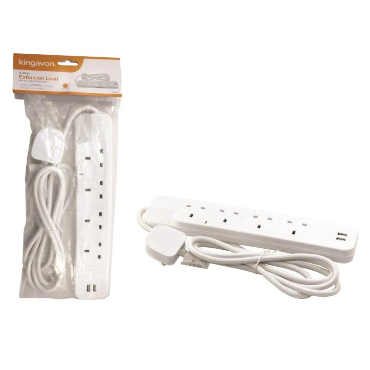 Kingavon 4 Way 2M Extension Lead with 2 USB Ports