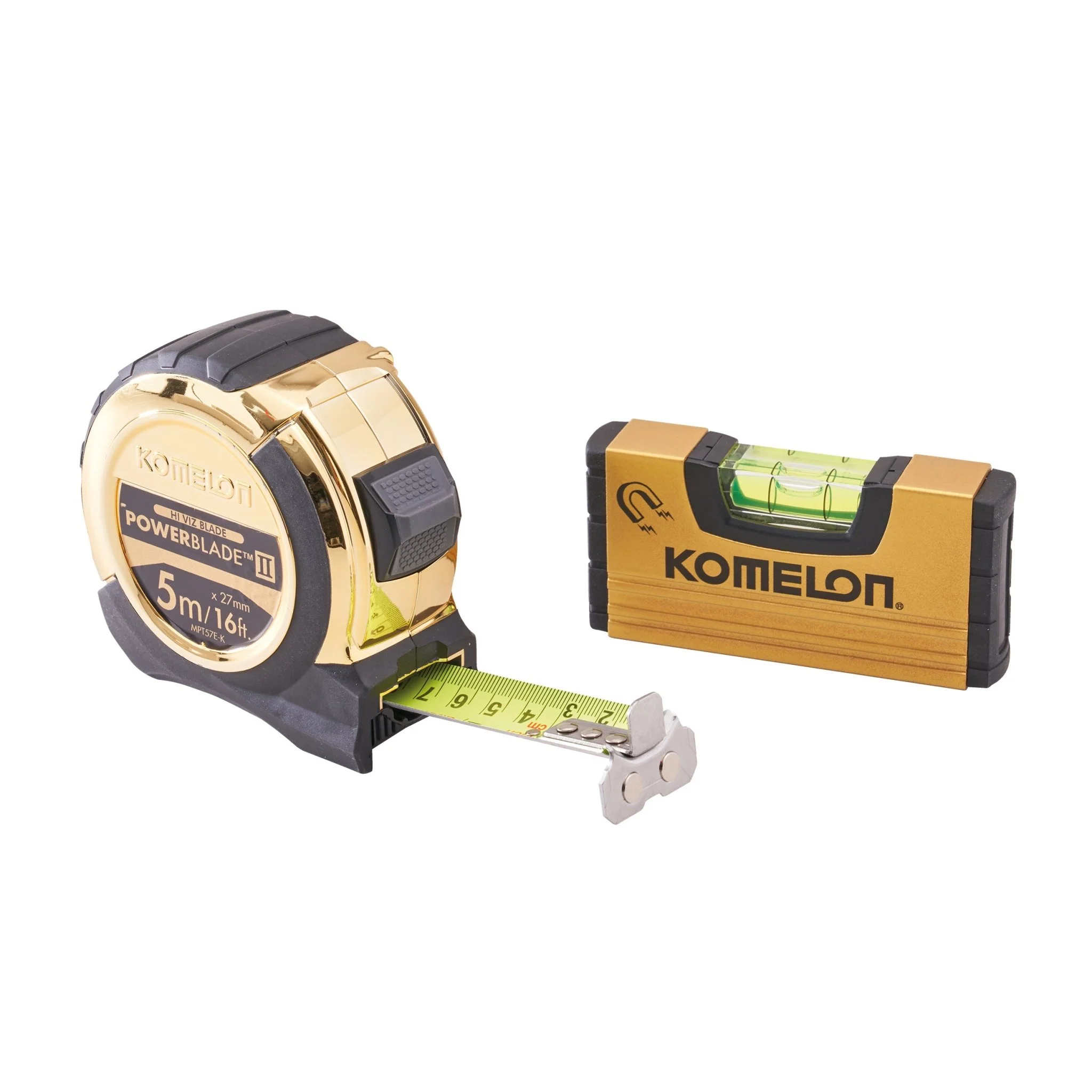Komelon 5m (16ft) Gold PowerBlade Tape with FREE Mini Level