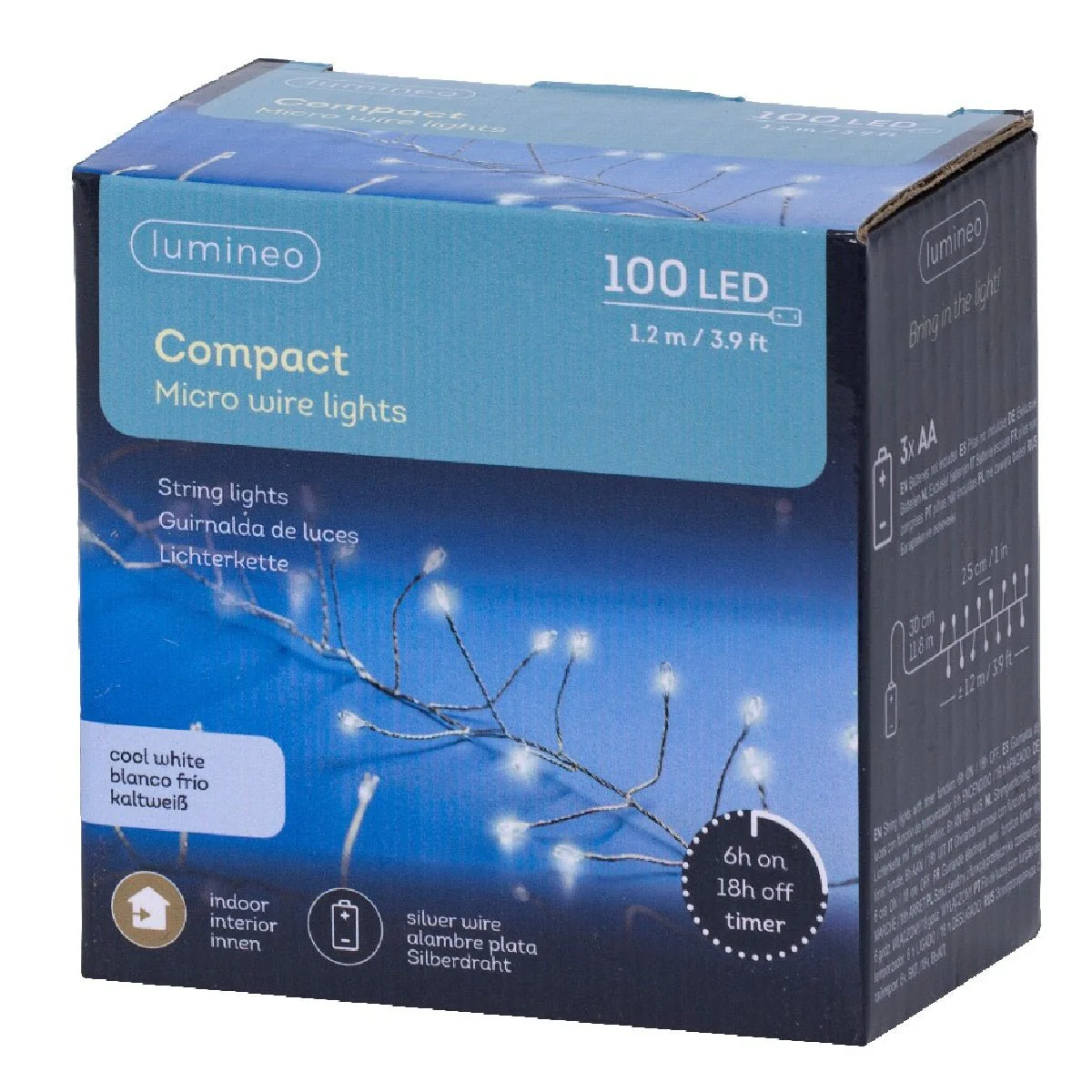 Lumineo 100 LED Cool White Compact Micro Wire Lights Battery Operated with Timer 120cm