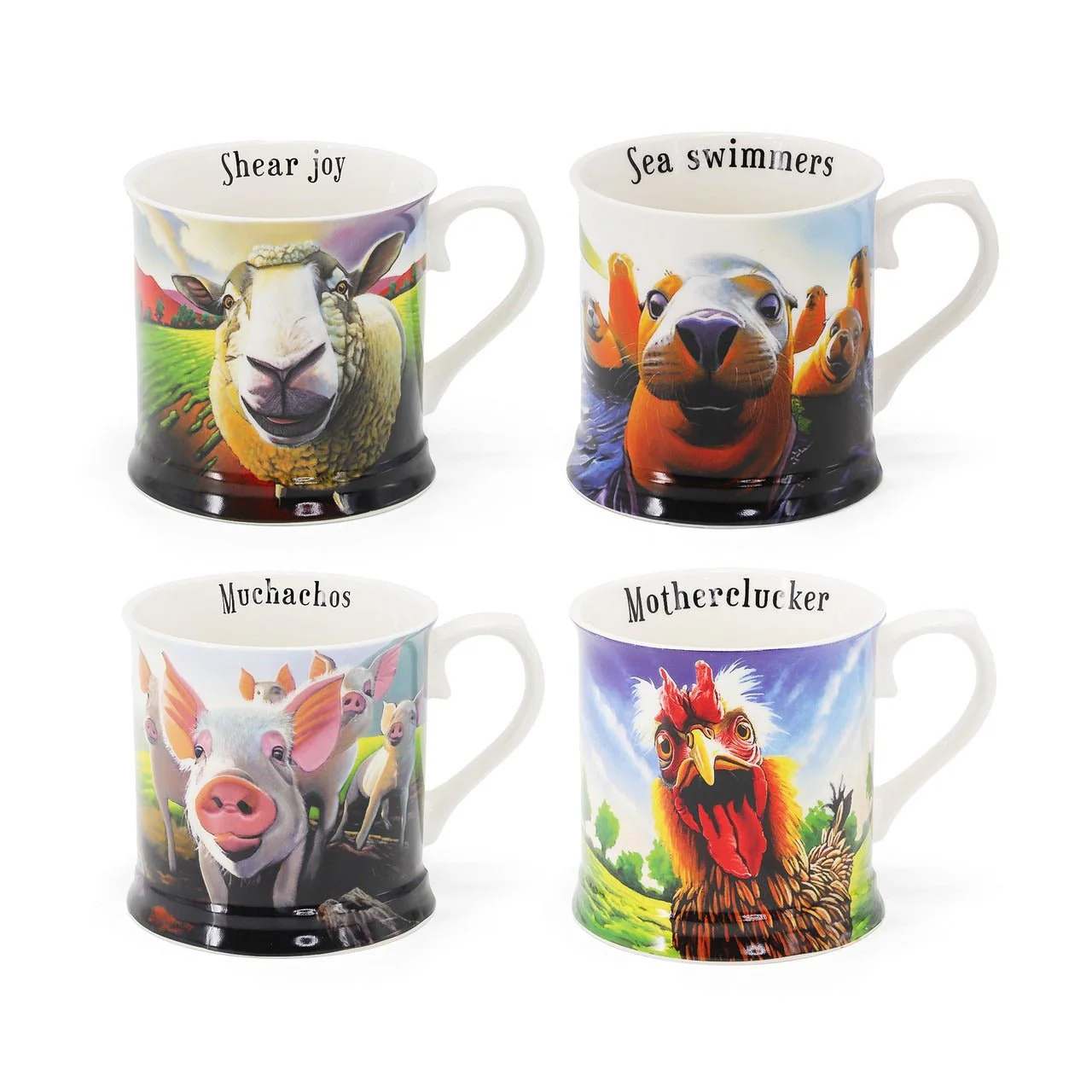 TIPPERARY CRYSTAL Beyond the Herd Set 4 Mugs (Pigs, Sheep, Hen, Seals)