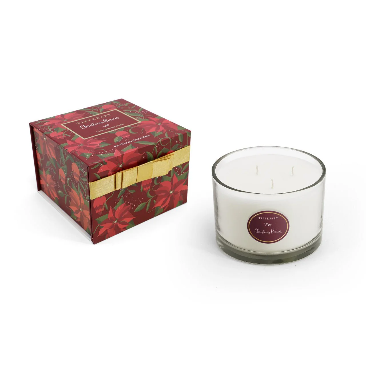 TIPPERARY CRYSTAL Poinsettia 3 Wick Candle - Christmas Berries